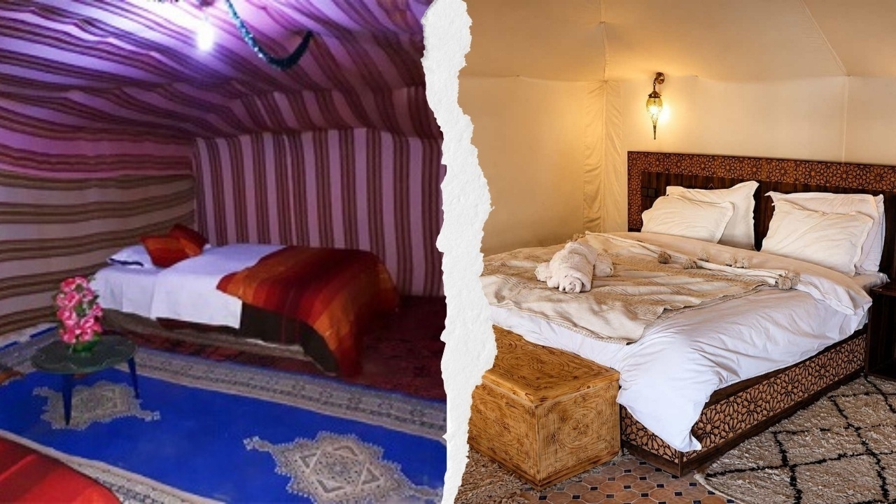 Luxury desert camp vs standard desert camp in Merzouga, comparing a basic traditional tent room with a spacious luxury tent featuring a large bed and elegant Moroccan décor.