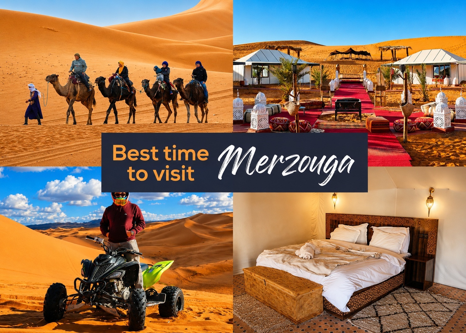 Camel trek, luxury desert camp, quad biking, and elegant tent accommodation in the Merzouga Sahara, Morocco.