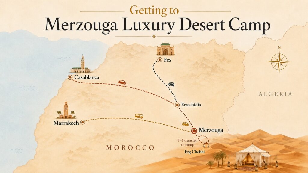 Illustrated map of Morocco showing routes from Casablanca, Marrakech, Fes, and Errachidia to Merzouga, with a short 4×4 transfer to Merzouga Luxury Desert Camp near the Erg Chebbi dunes.